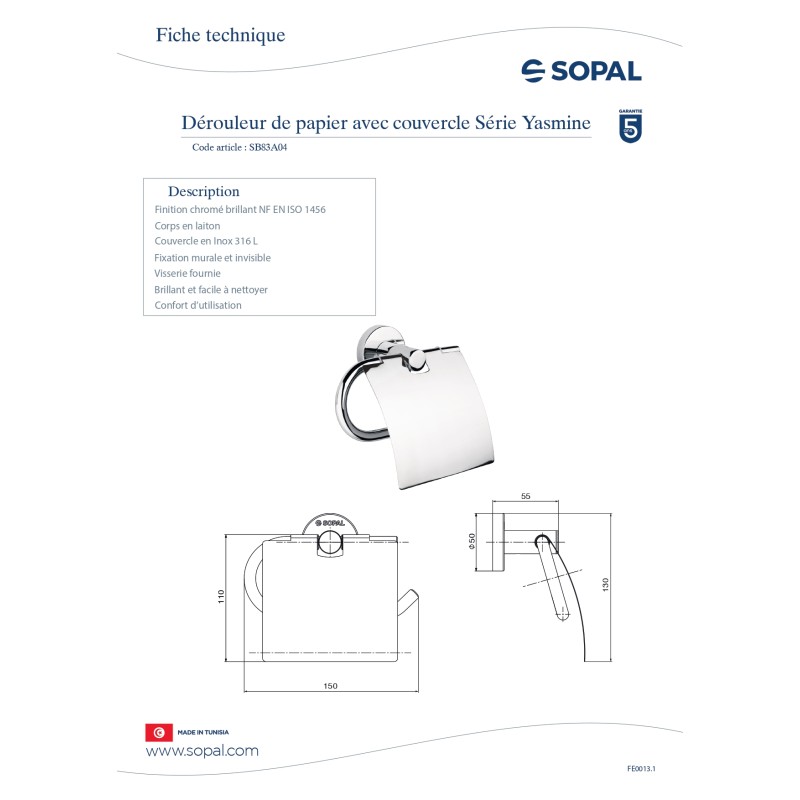 Dérouleur de papier avec couvercle yasmine